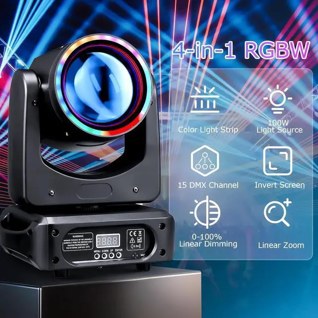 Alt view image 4 of 7 - Moving Head DJ Light 100W LED Stage Lights Beam Halo DJ Lights RGBW 4-in-1 Colors Spotlights Strobe DMX512 Sound Activated for Party Wedding Live Show Parties DJ Equipment Lighting
