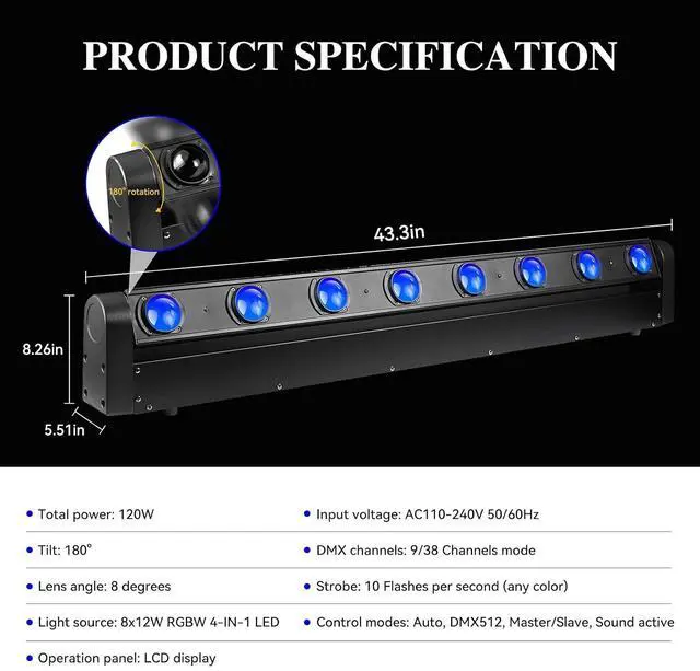 Alt view image 2 of 7 - 8 Eye LED Moving Head Light, 8x12W Stage Light Bar Strobe Beam Spider RGBW 4IN1 DMX 512 & Sound Activated 180° Tilt DJ Lighting for Party DJ Club KTV Disco Event Show