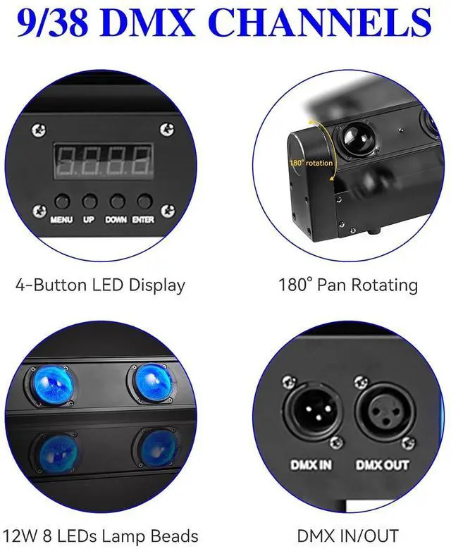 Alt view image 5 of 7 - 8 Eye LED Moving Head Light, 8x12W Stage Light Bar Strobe Beam Spider RGBW 4IN1 DMX 512 & Sound Activated 180° Tilt DJ Lighting for Party DJ Club KTV Disco Event Show