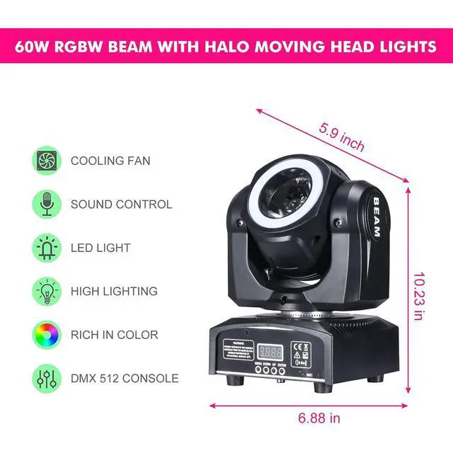 Alt view image 2 of 7 - Moving Head Lights 60W LED Stage Lights RGBW Beam Halo Cycle Strip DJ Lighting, DMX 512 Sound Activation for Event Parties Wedding Church Live Band Show