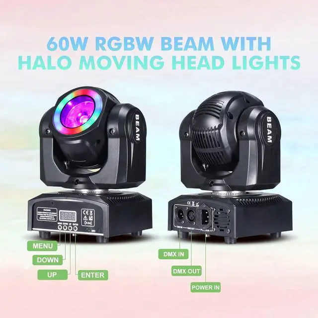 Alt view image 3 of 7 - Moving Head Lights 60W LED Stage Lights RGBW Beam Halo Cycle Strip DJ Lighting, DMX 512 Sound Activation for Event Parties Wedding Church Live Band Show