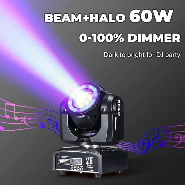 Alt view image 6 of 7 - Moving Head Lights 60W LED Stage Lights RGBW Beam Halo Cycle Strip DJ Lighting, DMX 512 Sound Activation for Event Parties Wedding Church Live Band Show