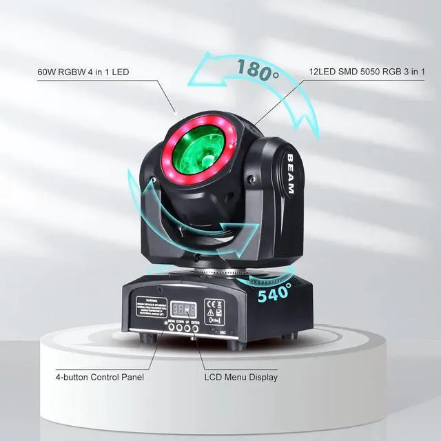 Alt view image 4 of 7 - Moving Head Lights 60W LED Stage Lights RGBW Beam Halo Cycle Strip DJ Lighting, DMX 512 Sound Activation for Event Parties Wedding Church Live Band Show