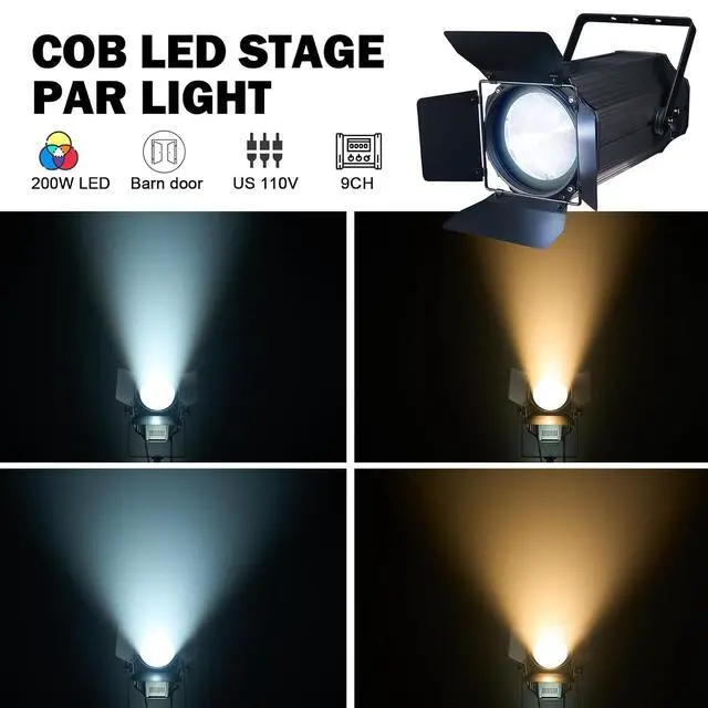 Alt view image 3 of 7 - Zoom Stage Light with Barn Doors, 200W COB Par Light, Warm White & White 2in1 Fresnel LED DJ Spotlight Wash 3500K-7500K DMX512 Sound Activated for Church Theater Event Wedding