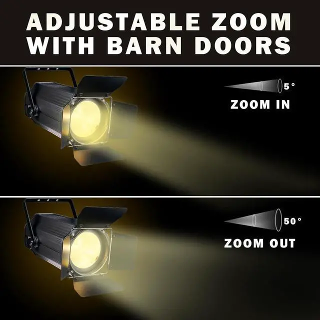 Alt view image 4 of 7 - Zoom Stage Light with Barn Doors, 200W COB Par Light, Warm White & White 2in1 Fresnel LED DJ Spotlight Wash 3500K-7500K DMX512 Sound Activated for Church Theater Event Wedding