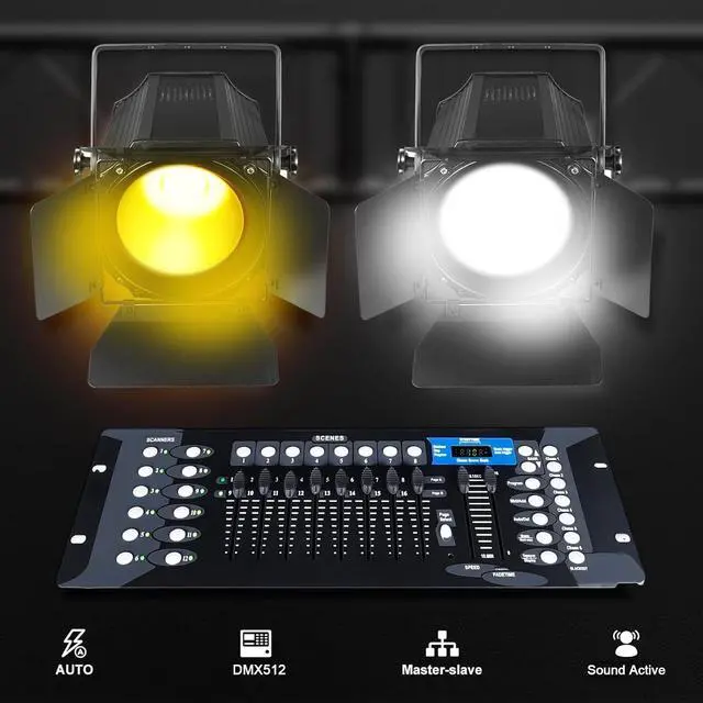 Alt view image 2 of 7 - Zoom Stage Light with Barn Doors, 200W COB Par Light, Warm White & White 2in1 Fresnel LED DJ Spotlight Wash 3500K-7500K DMX512 Sound Activated for Church Theater Event Wedding