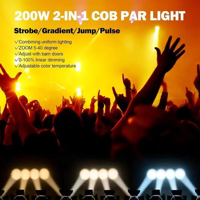 Alt view image 6 of 7 - Zoom Stage Light with Barn Doors, 200W COB Par Light, Warm White & White 2in1 Fresnel LED DJ Spotlight Wash 3500K-7500K DMX512 Sound Activated for Church Theater Event Wedding