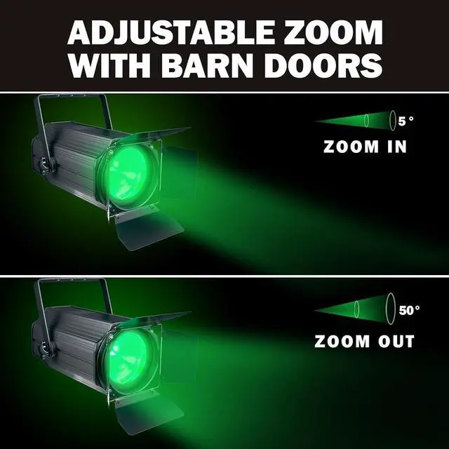 Alt view image 3 of 7 - Zoom Stage Light with Barn Doors, 200W COB Par Light, RGBW 4in1 Fresnel Wash Spotlight DMX512 Sound Activated for DJ Church Theater, Event, Wedding
