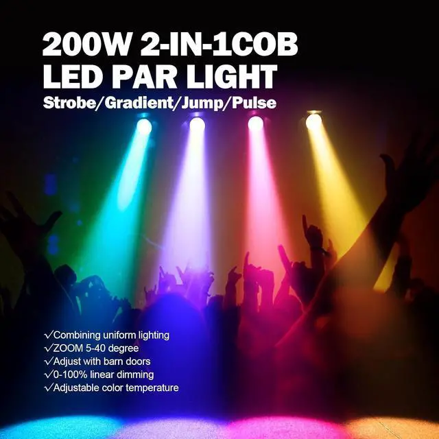 Alt view image 2 of 7 - Zoom Stage Light with Barn Doors, 200W COB Par Light, RGBW 4in1 Fresnel Wash Spotlight DMX512 Sound Activated for DJ Church Theater, Event, Wedding