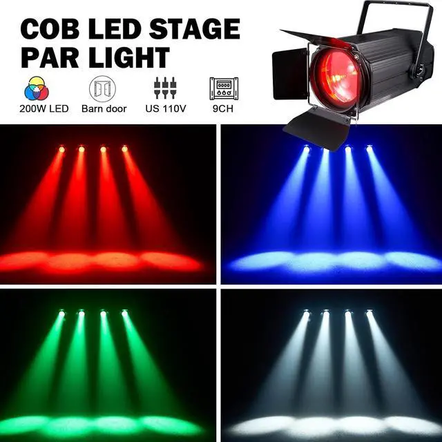 Alt view image 4 of 7 - Zoom Stage Light with Barn Doors, 200W COB Par Light, RGBW 4in1 Fresnel Wash Spotlight DMX512 Sound Activated for DJ Church Theater, Event, Wedding