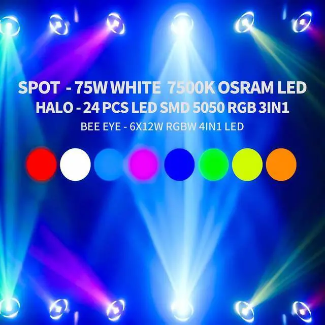 Alt view image 5 of 7 - DJ Light Moving Head 150W LED Stage Lights 8 GOBOs 8 Colors Bee Eye + Spot + Halo Effect DMX512 Sound Activated for Wedding DJ Party Club Disco Events