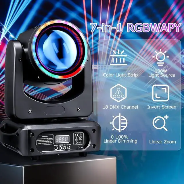 Alt view image 4 of 7 - Moving Head DJ Light 100W LED Stage Lights Beam Halo DJ Lights 7 Colors Spotlights Strobe DMX512 Sound Activated for Party Wedding Live Show Parties DJ Equipment Lighting