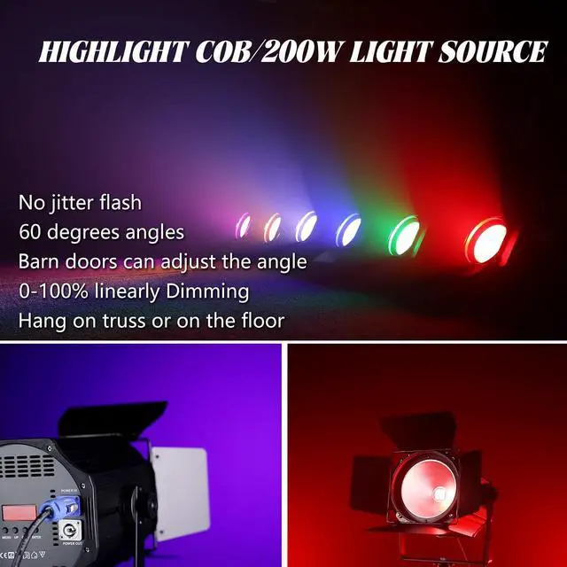 Alt view image 3 of 7 - COB Stage Lights with Barn Doors, COB Par Light 200W LED RGBW 4in1, DMX512 Master-Slave Sound DJ Lighting Spotlight Fresnel for Church Concert Wedding (4-Colors Style, 1)