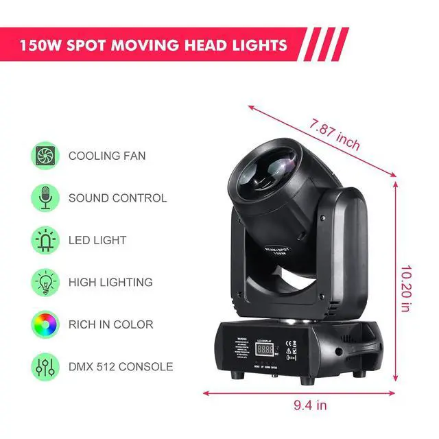 Alt view image 2 of 7 - Moving Head Light 150W Stage Lights 8 Gobos 8 Colors 12 Channels Beam Spotlights 18-Face Prism DMX 512 with Sound-Activated for Party Event Wedding DJ Lighting (1)