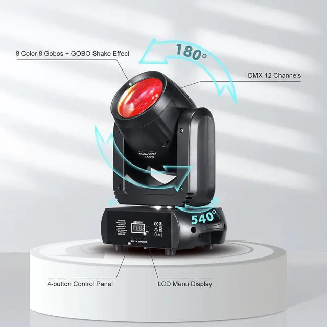 Alt view image 4 of 7 - Moving Head Light 150W Stage Lights 8 Gobos 8 Colors 12 Channels Beam Spotlights 18-Face Prism DMX 512 with Sound-Activated for Party Event Wedding DJ Lighting (1)