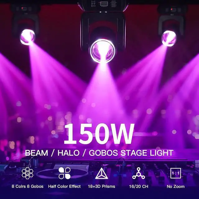 Alt view image 2 of 7 - 150W LED DJ Light Moving Head Stage Light Beam Halo 8 Gobos 8 Colors 3D Rotating 18-Facet Prism, DMX 512 Sound Activated for Wedding Party Church Live Events Club Disco