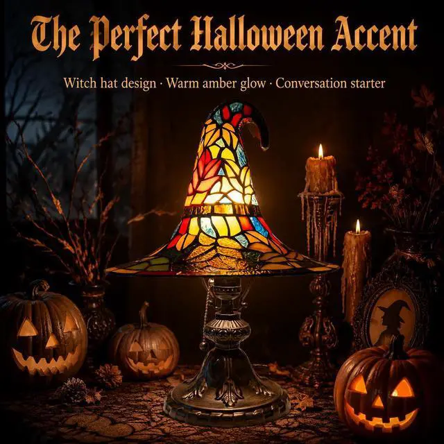 Alt view image 4 of 7 - Witch Hat Night Light Gothic Resin Table Lamp, Halloween Decorative Lighting for Bedroom Living Room, Spooky Witch Decor Gift for Horror Fans 18cm USB Plug Switch LED Light