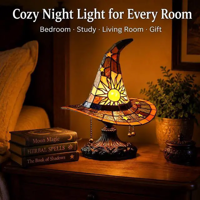 Alt view image 6 of 7 - Witch Hat Lamp Resin Gothic Night Light for Halloween Decor, Spooky Table Lamp for Bedroom & Living Room 18cm USB Plug Switch LED Light