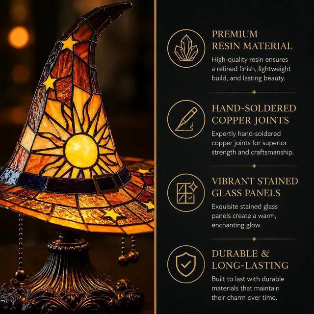 Alt view image 4 of 7 - Witch Hat Lamp Resin Gothic Night Light for Halloween Decor, Spooky Table Lamp for Bedroom & Living Room 18cm USB Plug Switch LED Light