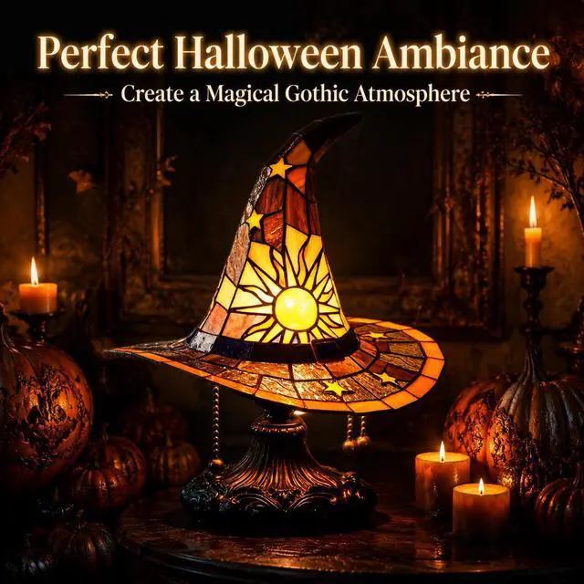 Alt view image 3 of 7 - Witch Hat Lamp Resin Gothic Night Light for Halloween Decor, Spooky Table Lamp for Bedroom & Living Room 18cm USB Plug Switch LED Light