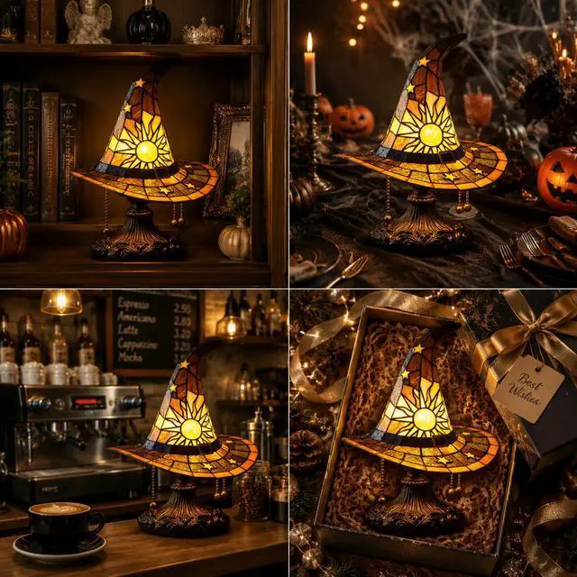 Alt view image 7 of 7 - Witch Hat Lamp Resin Gothic Night Light for Halloween Decor, Spooky Table Lamp for Bedroom & Living Room 18cm USB Plug Switch LED Light