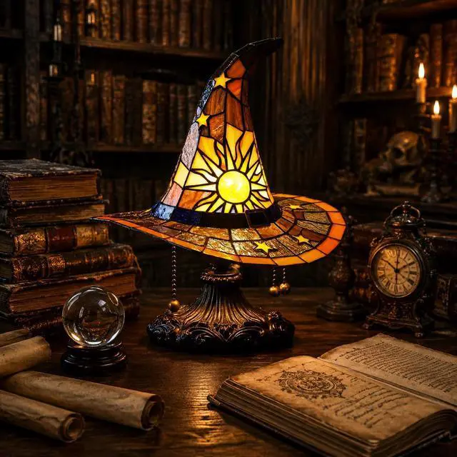 Alt view image 5 of 7 - Witch Hat Lamp Resin Gothic Night Light for Halloween Decor, Spooky Table Lamp for Bedroom & Living Room 18cm USB Plug Switch LED Light