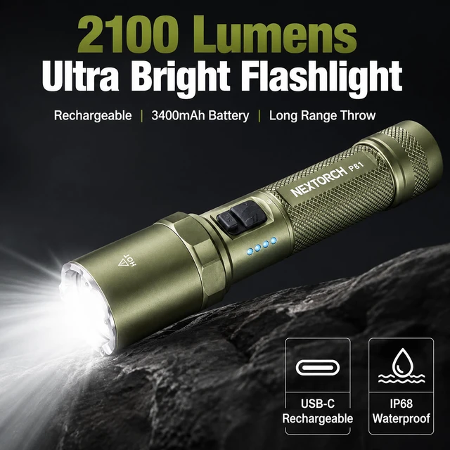 Alt view image 7 of 7 - NEXTORCH P81 3700 Lumens Tactical Flashlight 370m Throw, Nano-Ceramic Glass Breaker, One-Button Strobe, USB-C Rechargeable 21700, IPX7 Waterproof for Emergency Escape & Outdoor(Silver)