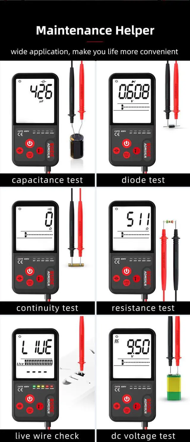 Alt view image 7 of 7 - BSIDE ADMS9LN Large Screen Smart Digital Multimeter Auto-Ranging Ultra-Thin Volt Ohm Amp Meter with Backlit Display
