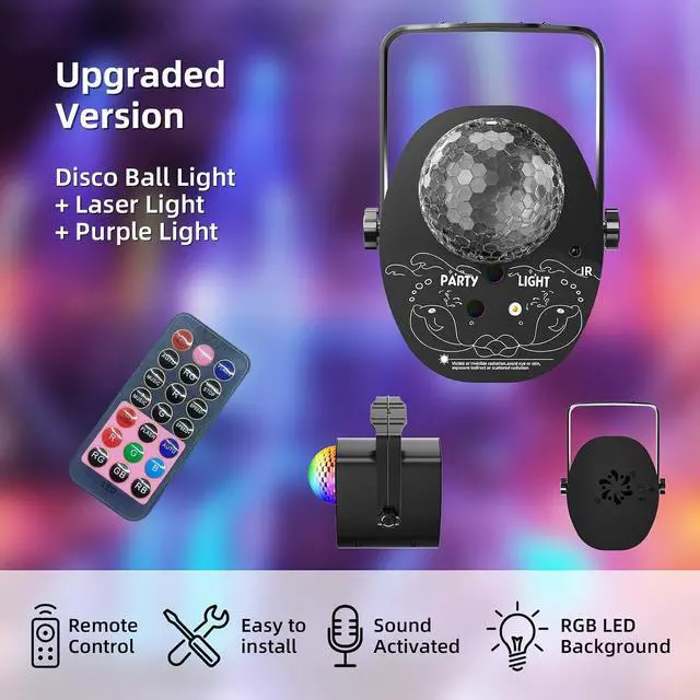 Alt view image 7 of 7 - Disco Ball Multi-Color Laser Pattern Light for Parties,Sound Activated Strobe Lights with Remote Control, Stage Light For Home Karaoke Dance Birthday Events & Nightclub.