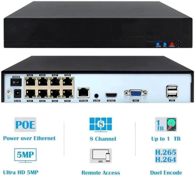 Alt view image 2 of 5 - REVODATA 8CH POE NVR, HD 5MP POE Network Video Recorder, 8 Channel Power Over Ethernet, Supports up to 8 x 5MP IP Cameras, Supports up to 1TB HDD