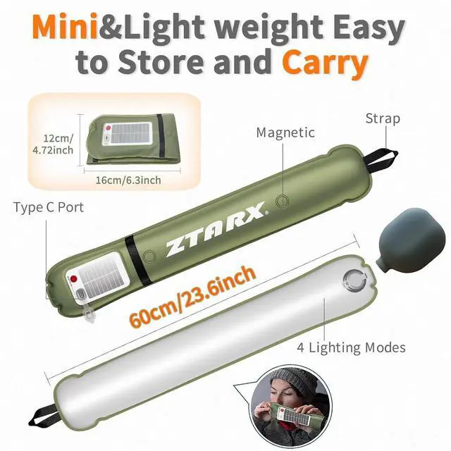 Alt view image 7 of 7 - 24 inch Inflatable Solar Camping Lantern USB Rechargeable, IP66, | USB power bank | Tent, storm