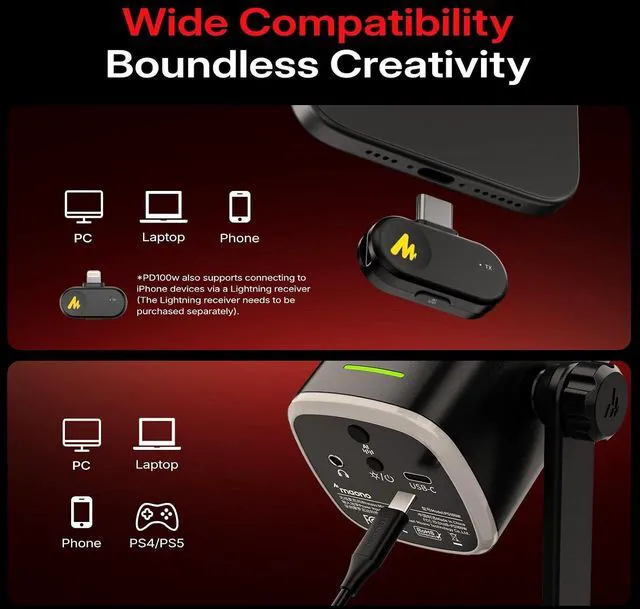 Alt view image 2 of 7 - MAONO PD100W Wireless Dynamic Gaming Microphone for PC with USB-C Receiver,One-Click Noise Reduction,Custom RGB,Mute,Monitoring, Wireless Desktop Mic