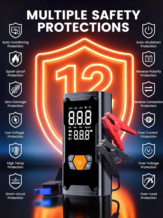 Alt view image 4 of 7 - 6000A Car Battery Jump Starter with Air Compressor 150PSI, Car Jumper Starter Portable (9L Gas/7L Diesel), Battery Charger with Auto-Shutoff Tire Inflator, Jumper Cables and Light