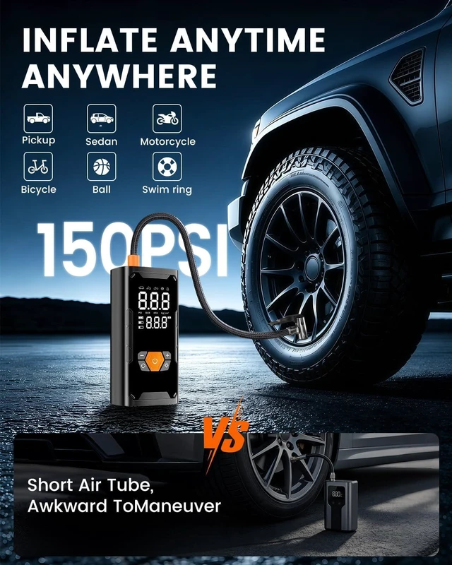 Alt view image 5 of 7 - 6000A Car Battery Jump Starter with Air Compressor 150PSI, Car Jumper Starter Portable (9L Gas/7L Diesel), Battery Charger with Auto-Shutoff Tire Inflator, Jumper Cables and Light
