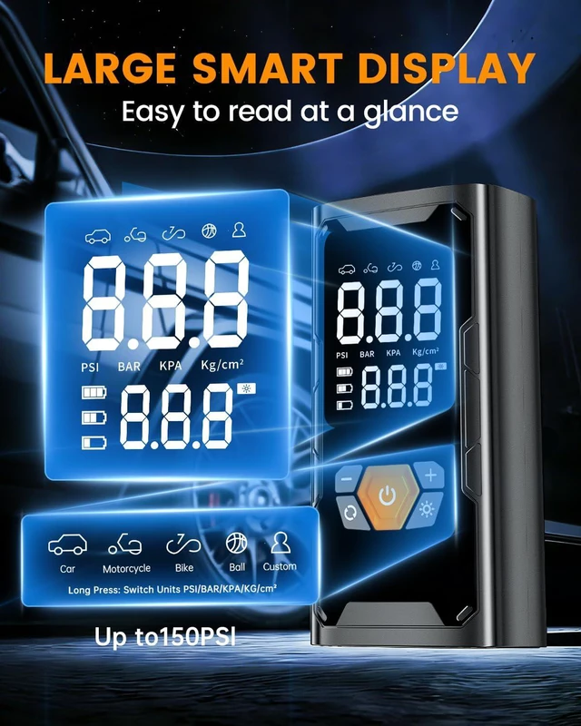 Alt view image 3 of 7 - 6000A Car Battery Jump Starter with Air Compressor 150PSI, Car Jumper Starter Portable (9L Gas/7L Diesel), Battery Charger with Auto-Shutoff Tire Inflator, Jumper Cables and Light