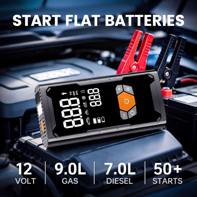 Alt view image 2 of 7 - 6000A Car Battery Jump Starter with Air Compressor 150PSI, Car Jumper Starter Portable (9L Gas/7L Diesel), Battery Charger with Auto-Shutoff Tire Inflator, Jumper Cables and Light