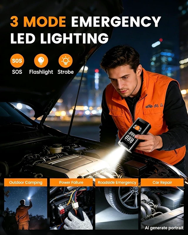 Alt view image 6 of 7 - 6000A Car Battery Jump Starter with Air Compressor 150PSI, Car Jumper Starter Portable (9L Gas/7L Diesel), Battery Charger with Auto-Shutoff Tire Inflator, Jumper Cables and Light