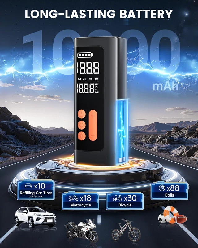Alt view image 4 of 7 - Tire Inflator Portable Air Compressor,Cordless & 12V DC Air Inflator,For Car,Bikes Motorcycle,Balls with Auto Shut-Off, Digital Pressure Gauge