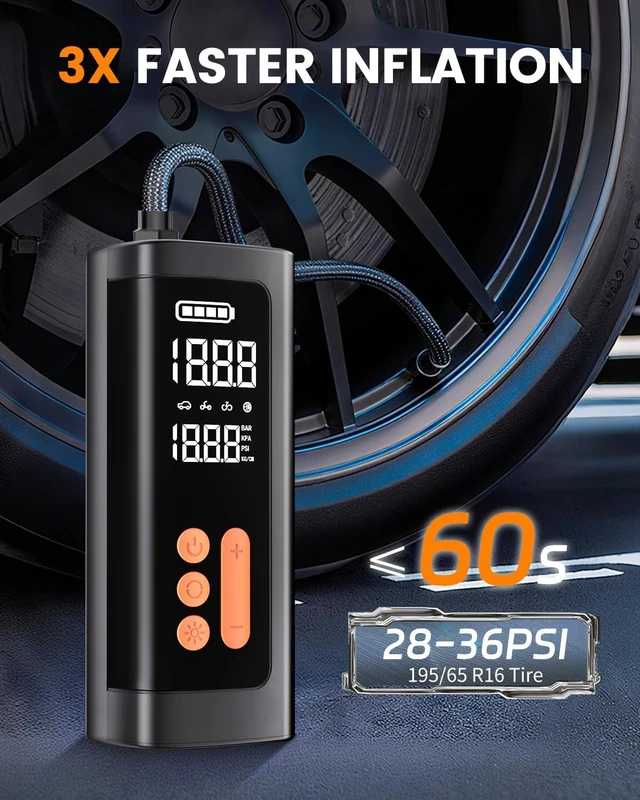Alt view image 2 of 7 - Tire Inflator Portable Air Compressor,Cordless & 12V DC Air Inflator,For Car,Bikes Motorcycle,Balls with Auto Shut-Off, Digital Pressure Gauge