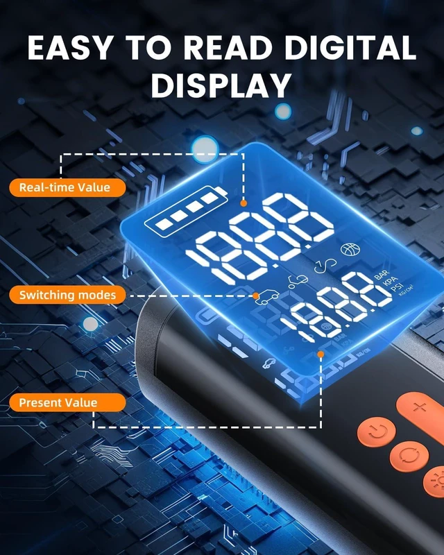Alt view image 5 of 7 - Tire Inflator Portable Air Compressor,Cordless & 12V DC Air Inflator,For Car,Bikes Motorcycle,Balls with Auto Shut-Off, Digital Pressure Gauge