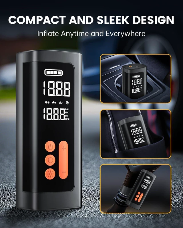 Alt view image 6 of 7 - Tire Inflator Portable Air Compressor,Cordless & 12V DC Air Inflator,For Car,Bikes Motorcycle,Balls with Auto Shut-Off, Digital Pressure Gauge
