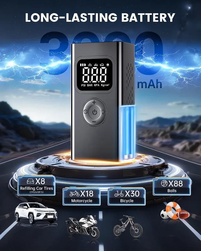 Alt view image 7 of 7 - portable air compressor,150PSI air pump for car tires for Car-3X Faster Tire Pump for SUV, Motorcycle, Balls and Bicycle Built-in digital pressure gauge, LED emergency warning light