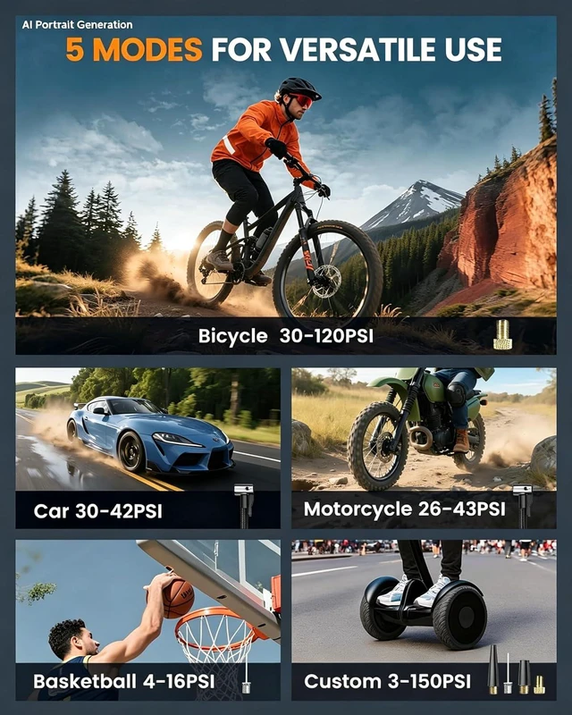 Alt view image 5 of 7 - portable air compressor,150PSI air pump for car tires for Car-3X Faster Tire Pump for SUV, Motorcycle, Balls and Bicycle Built-in digital pressure gauge, LED emergency warning light