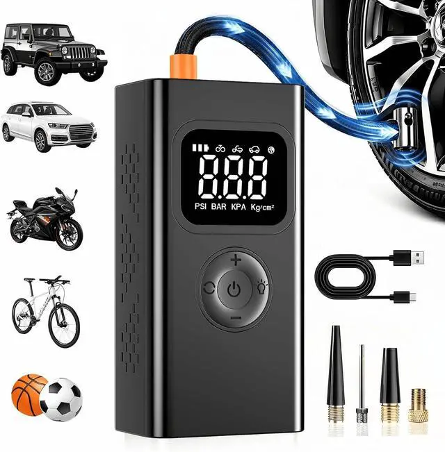 Main image of portable air compressor,150PSI air pump for car tires for Car-3X Faster Tire Pump for SUV, Motorcycle, Balls and Bicycle Built-in digital pressure gauge, LED emergency warning light