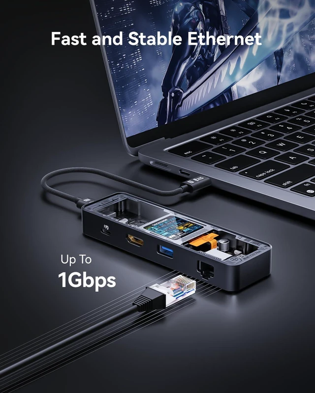 Alt view image 3 of 7 - DOCKCASE Explorer Edition Visual Smart USB C Hub (6-in-1) with HDMI Port 4K@60Hz,Gigabit Ethernet,USB-C and 2 USB-A 5Gbps Data Ports, 100w PD Power Delivery, for MacBook Air/Pro, XPS, and More