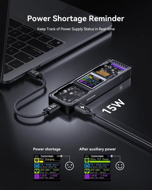 Alt view image 2 of 7 - DOCKCASE Explorer Edition M.2 NVMe SSD Enclosure,Support 10s PLP Prevents Write Data Loss,USB 3.2 Gen 2 Type-C (10 Gbps), fits NVMe PCIe,Size 2230/2242/2260/2280,Support M-Key B+M Key UASP
