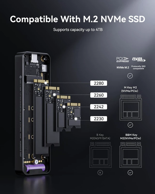 Alt view image 3 of 7 - DOCKCASE Explorer Edition M.2 NVMe SSD Enclosure,Support 10s PLP Prevents Write Data Loss,USB 3.2 Gen 2 Type-C (10 Gbps), fits NVMe PCIe,Size 2230/2242/2260/2280,Support M-Key B+M Key UASP