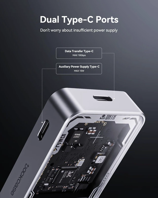 Alt view image 7 of 7 - DOCKCASE Explorer Edition M.2 NVMe SSD Enclosure,Support 10s PLP Prevents Write Data Loss,USB 3.2 Gen 2 Type-C (10 Gbps), fits NVMe PCIe,Size 2230/2242/2260/2280,Support M-Key B+M Key UASP (Silver)