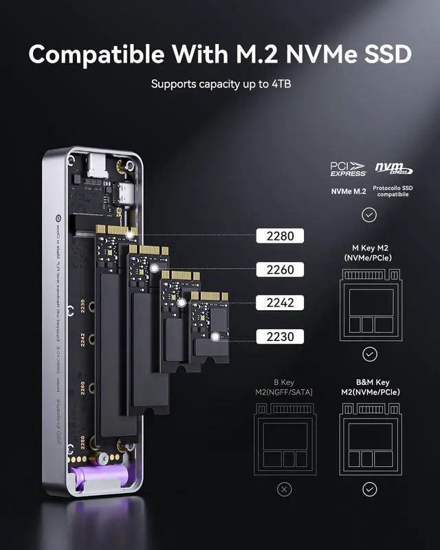 Alt view image 2 of 7 - DOCKCASE Explorer Edition M.2 NVMe SSD Enclosure,Support 10s PLP Prevents Write Data Loss,USB 3.2 Gen 2 Type-C (10 Gbps), fits NVMe PCIe,Size 2230/2242/2260/2280,Support M-Key B+M Key UASP (Silver)