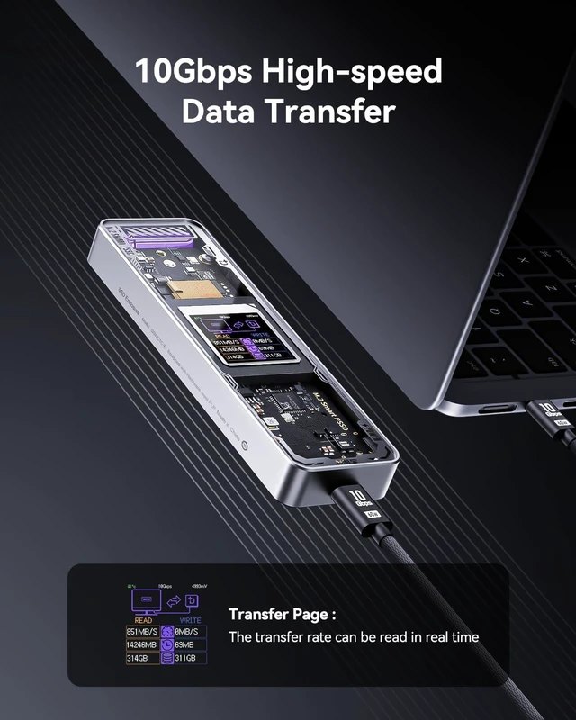 Alt view image 4 of 7 - DOCKCASE Explorer Edition M.2 NVMe SSD Enclosure,Support 10s PLP Prevents Write Data Loss,USB 3.2 Gen 2 Type-C (10 Gbps), fits NVMe PCIe,Size 2230/2242/2260/2280,Support M-Key B+M Key UASP (Silver)